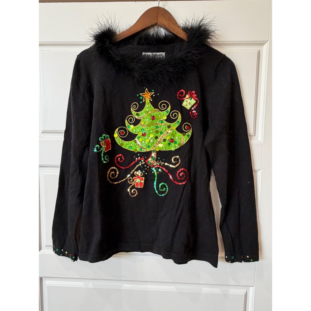 VTG Jack B Quick Black Sequin Christmas Tree Sweater Faux Fur Trim Medium Y2K - Picture 2 of 8